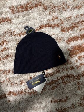 Polo by Ralph Lauren Navy Knit Cuffed Beanie with Pony Logo